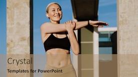  Presentation with asian - Presentation theme having asian-mature-woman-in-earphones background and a coral colored foreground