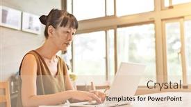  Presentation with laptop - Amazing PPT layouts having asian-mature-woman-using-laptop backdrop and a lemonade colored foreground