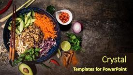  Presentation with asian food - Colorful slide set enhanced with asian-meal-on-rustic-background backdrop and a wine colored foreground