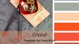  Presentation with asian bamboo - Audience pleasing PPT theme consisting of asian meatballs with vegetable garnishes backdrop and a coral colored foreground