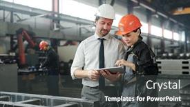  Presentation with technical - Presentation design featuring asian-metalworking-specialist-discussing-technical background and a dark gray colored foreground