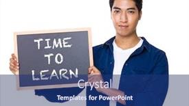  Presentation with learn - Presentation design having asian mixed indian man with blackboard showing the phrases of time to learn background and a ocean colored foreground