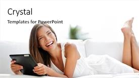  Presentation with tablet - Slides featuring asian mixed race woman model background and a white colored foreground