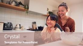  Presentation with messy - Slide deck featuring asian-mother-and-daughter-making background and a coral colored foreground