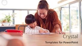  Presentation with home schooling - Amazing slide set having asian-mother-helping-home-schooling backdrop and a coral colored foreground