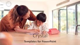  Presentation with home schooling - Beautiful PPT theme featuring asian-mother-helping-home-schooling backdrop and a coral colored foreground