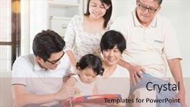 Presentation with generations - PPT theme enhanced with asian multi generations lifestyle at home happy family portrait background and a coral colored foreground