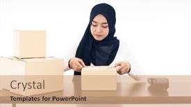  Presentation with muslim women - Presentation design enhanced with asian-muslim-women-merchant-working background and a coral colored foreground