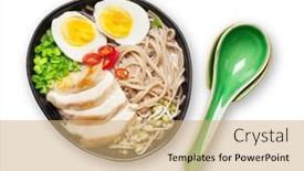  Presentation with asian noodle soup - Colorful presentation design enhanced with asian-noodle-ramen-soup backdrop and a coral colored foreground