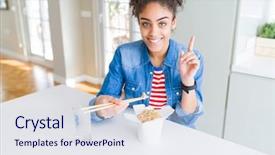  Presentation with african american woman question - PPT theme having asian noodles from delivery box background and a sky blue colored foreground
