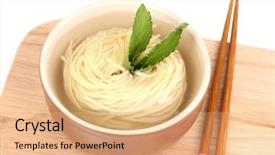  Presentation with noodles - Presentation design enhanced with asian noodles in bowl on wooden board isolated on white background and a coral colored foreground