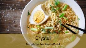  Presentation with noodles - Colorful presentation design enhanced with asian noodles with fresh green onion and boiled egg backdrop and a gold colored foreground