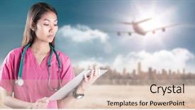  Presentation with nurse - PPT layouts with medical airplanes - asian nurse with stethoscope looking background and a lemonade colored foreground
