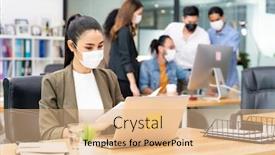  Presentation with new office - Amazing PPT theme having asian-office-employee-businesswoman-wear backdrop and a coral colored foreground