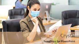  Presentation with social work - PPT theme having asian-office-employee-businesswoman-wear background and a coral colored foreground