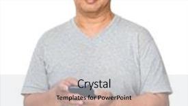  Presentation with mobile use - Colorful presentation theme enhanced with asian old man use backdrop and a light gray colored foreground