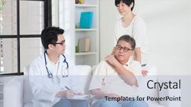  Presentation with asian doctor - Presentation theme enhanced with doctor and patient asian old people consult family doctor sitting on sofa senior retiree indoors living lifestyle background and a light blue colored foreground