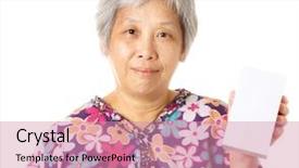  Presentation with treasure map old blank - PPT theme featuring asian old woman holding blank box background and a coral colored foreground