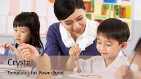 Presentation with helping - Presentation theme enhanced with asian paint - teacher helping students during art background and a coral colored foreground