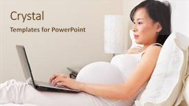  Presentation with pregnant cartoon - Audience pleasing PPT layouts consisting of asian pregnant lady using laptop backdrop and a lemonade colored foreground