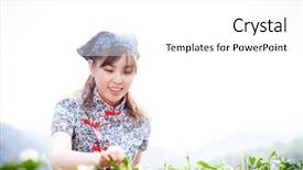  Presentation with tea plantation - Theme having asian pretty tea-picking girl background and a white colored foreground