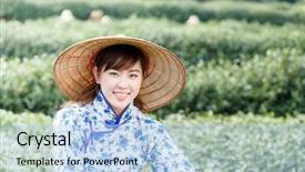  Presentation with tea plantation - Theme having asian pretty tea-picking girl in plantation background and a light blue colored foreground