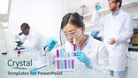  Presentation with lab safety - Beautiful presentation theme featuring asian scientist in lab coat backdrop and a sky blue colored foreground