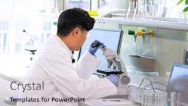  Presentation with biotechnology laboratory - PPT layouts enhanced with asian-scientist-working-in-lab background and a light gray colored foreground