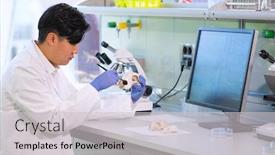  Presentation with laboratory microbiology - Slide set featuring asian-scientist-working-in-lab background and a light gray colored foreground