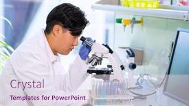  Presentation with asian doctor - Cool new slide deck with asian-scientist-working-in-lab backdrop and a sky blue colored foreground