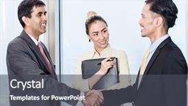  Presentation with job interview - PPT layouts with asian secretary introduces applicant to boss for job interview and they shake hands in office background and a dark gray colored foreground