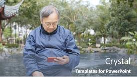  Presentation with senior asian - Beautiful presentation theme featuring watching on cellphone in chinese backdrop and a ocean colored foreground