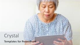  Presentation with senior asian - Slide deck having asian senior woman with digital table background and a light blue colored foreground