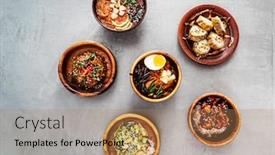  Presentation with asian - Slide set featuring asian-set-on-the-table background and a coral colored foreground