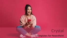  Presentation with purple wall - Presentation theme with asian-smiling-woman-using-cellphone background and a red colored foreground