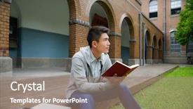  Presentation with book - Audience pleasing presentation theme consisting of asian student sitting holding book backdrop and a  colored foreground