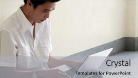  Presentation with student subscription - Cool new presentation theme with asian student working with laptop backdrop and a  colored foreground