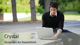  Presentation with student - PPT layouts with asian student working on his laptop at the campus background and a light gray colored foreground