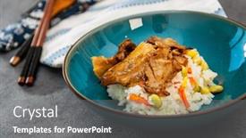  Presentation with rice - Amazing theme having asian-style-caramel-pork backdrop and a gray colored foreground