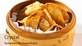  Presentation with asian bamboo - Amazing slide deck having asian style dumpling - gyoza in bamboo steamer backdrop and a gold colored foreground