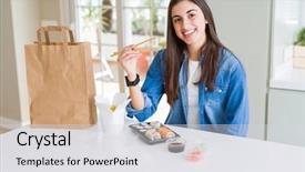  Presentation with eating - Audience pleasing PPT theme consisting of asian sushi from home delivery backdrop and a light gray colored foreground