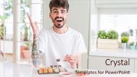  Presentation with asian nurse helps a man - Amazing slide set having asian sushi from home delivery backdrop and a lemonade colored foreground