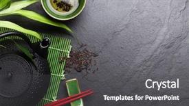  Presentation with top view - Colorful PPT layouts enhanced with asian tea bowl and teapot backdrop and a dark gray colored foreground