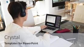  Presentation with laptop wireless - PPT theme consisting of asian-teenage-boy-with-books background and a light gray colored foreground