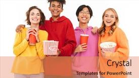  Presentation with popcorn movie - PPT theme featuring asian theatre - group of cheerful multiracial friends background and a coral colored foreground
