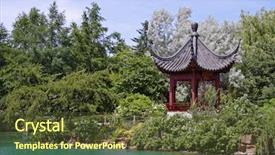  Presentation with garden pond - Colorful slide deck enhanced with asian themed garden and pond backdrop and a tawny brown colored foreground