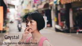  Presentation with asia street food - Theme enhanced with asian traveling mature woman smoking background and a coral colored foreground