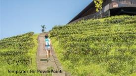  Presentation with stairs - Cool new presentation design with asian-traveling-woman-walk backdrop and a gold colored foreground