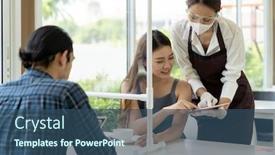  Presentation with dining restaurant - Presentation theme having asian-waitress-wear-facemask background and a ocean colored foreground