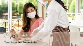 Presentation with dining restaurant - Theme having asian-waitress-wear-facemask background and a coral colored foreground